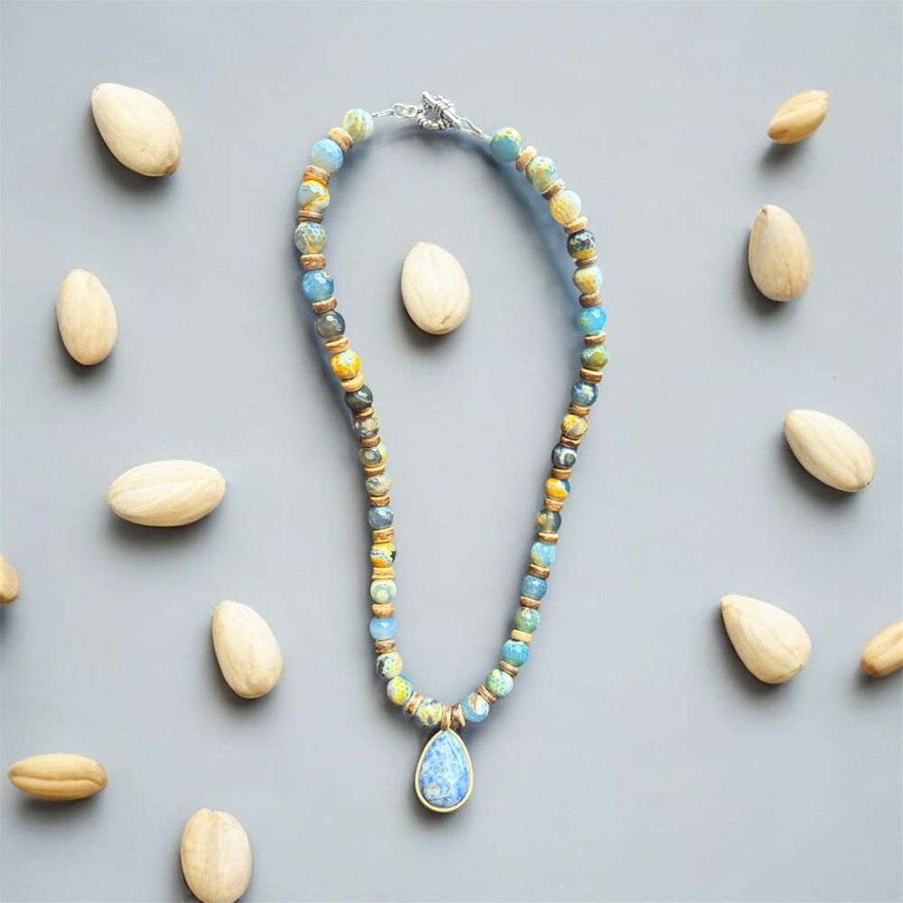 Handmade Blue and Gold Beaded Pendant Necklace